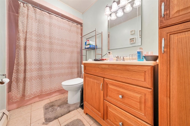 bathroom featuring vanity, tile patterned flooring, toilet, baseboard heating, and walk in shower