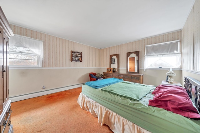 bedroom featuring carpet and a baseboard radiator