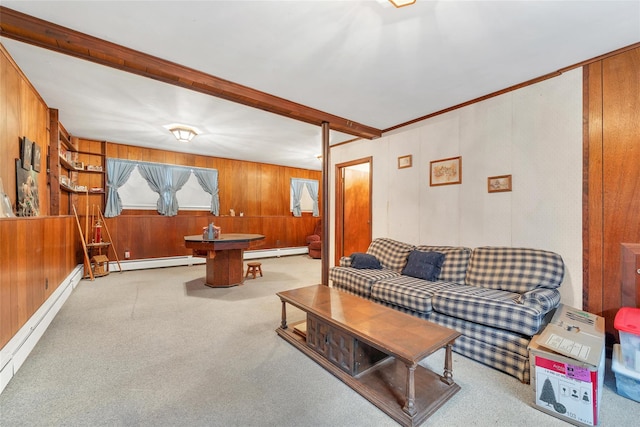 living room with light carpet, pool table, and a baseboard heating unit