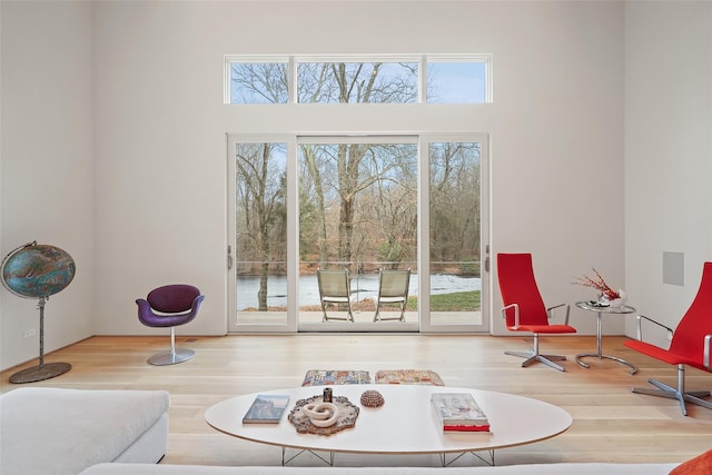 sitting room with hardwood / wood-style flooring and a high ceiling