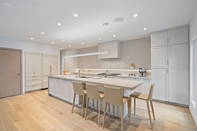 kitchen with light hardwood / wood-style floors, a kitchen island with sink, and sink