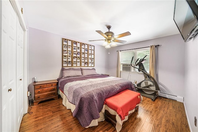 bedroom with dark hardwood / wood-style floors, a closet, cooling unit, and ceiling fan