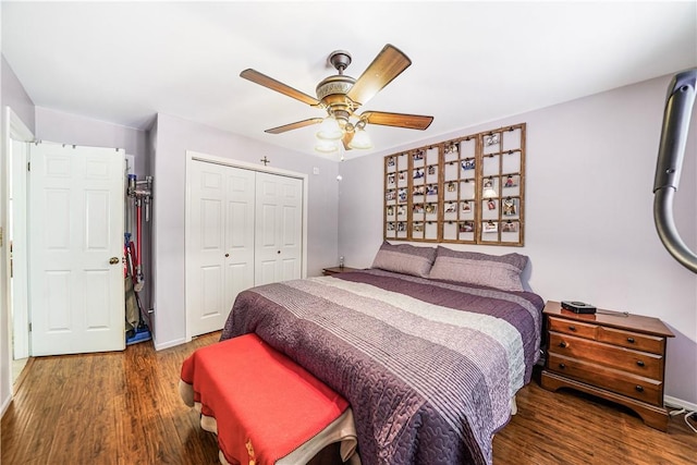 bedroom featuring a closet, ceiling fan, and dark hardwood / wood-style flooring