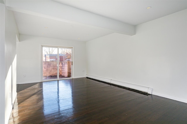 empty room featuring beam ceiling, dark hardwood / wood-style flooring, and baseboard heating