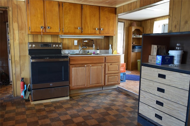 kitchen featuring wood walls, stainless steel range with electric cooktop, and sink