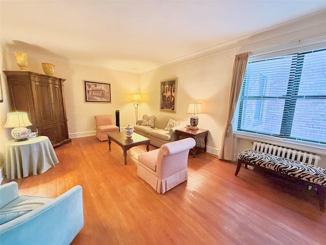 living room featuring light hardwood / wood-style floors, crown molding, and radiator