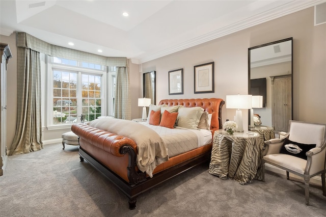 bedroom featuring carpet flooring and ornamental molding