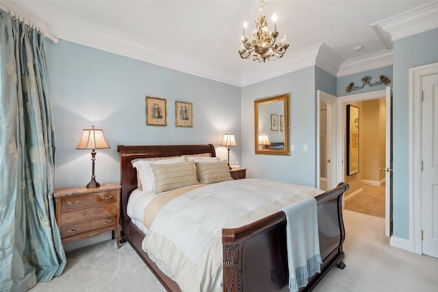 carpeted bedroom with crown molding and a chandelier