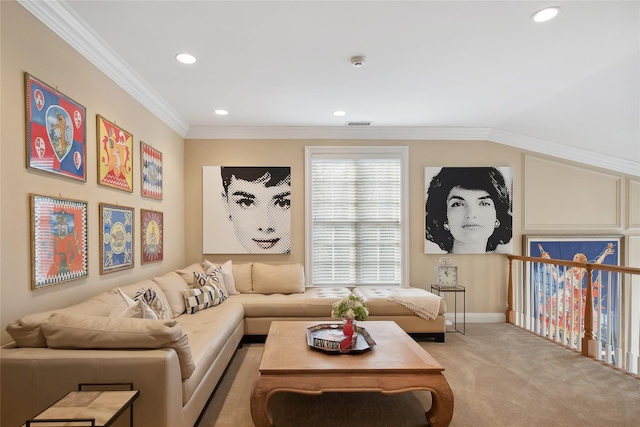 living area with lofted ceiling, light colored carpet, and ornamental molding