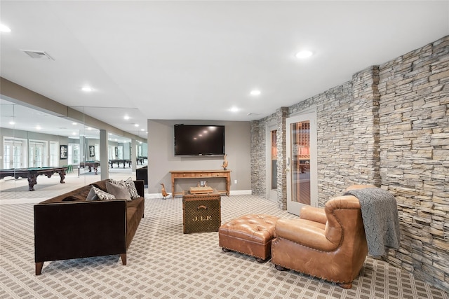 living room featuring light carpet and billiards