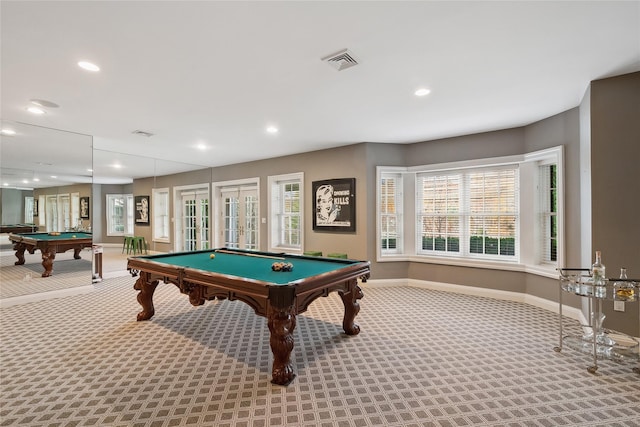 recreation room featuring french doors, carpet floors, and pool table