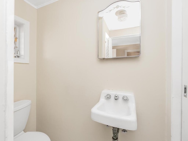 bathroom with toilet, crown molding, and sink