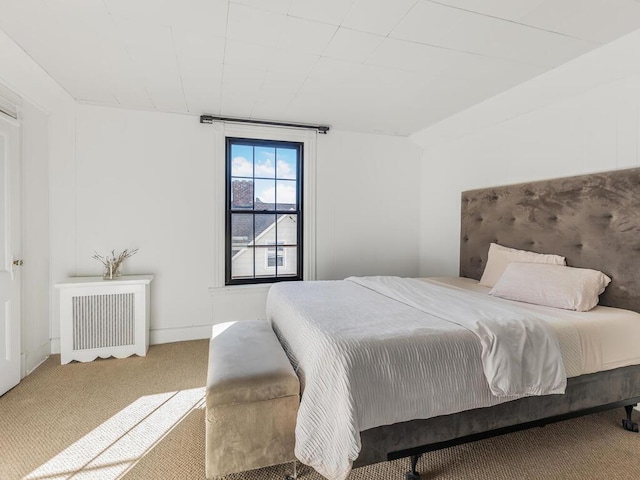 bedroom with carpet flooring and radiator heating unit