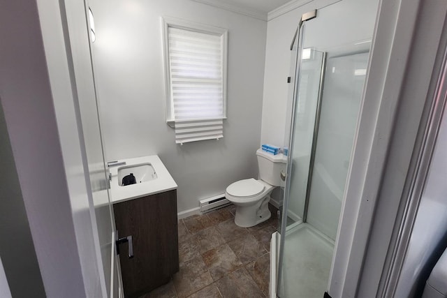 bathroom with vanity, crown molding, toilet, walk in shower, and a baseboard radiator