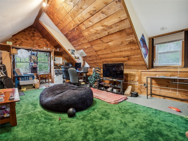 carpeted living room featuring wood walls, wooden ceiling, and vaulted ceiling