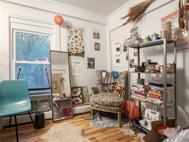 living area featuring hardwood / wood-style floors and baseboard heating