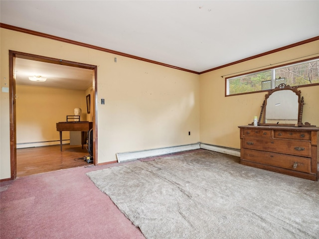 interior space with a baseboard radiator, ornamental molding, and light colored carpet