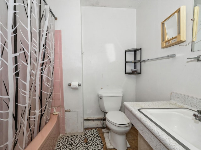 full bathroom featuring shower / bath combination with curtain, toilet, tile patterned floors, and sink