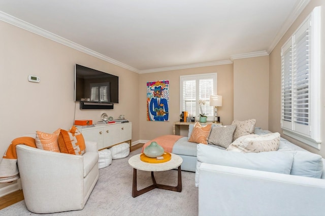 living room with ornamental molding