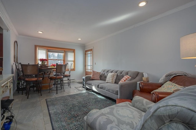 tiled living room featuring ornamental molding and a baseboard heating unit