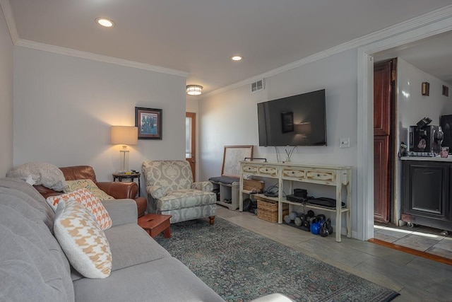 tiled living room with crown molding