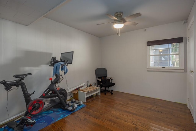 workout room with ceiling fan and dark wood-type flooring