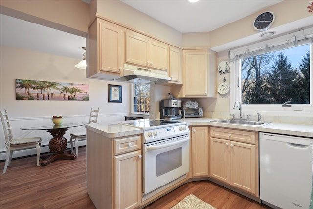 kitchen with white appliances, light countertops, a sink, and under cabinet range hood