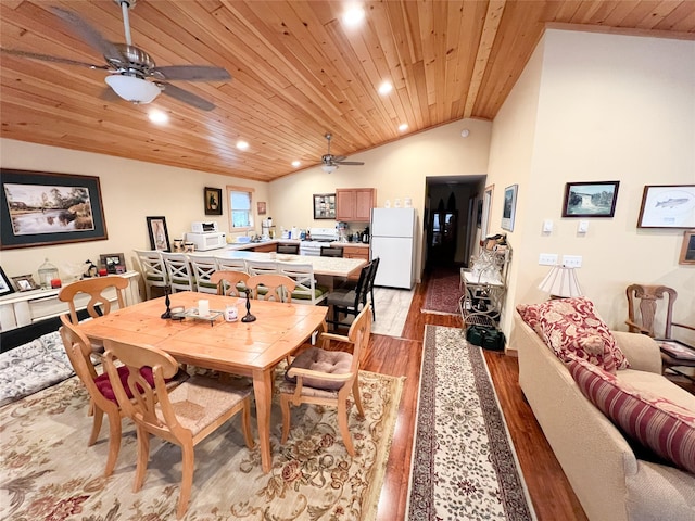 dining area featuring light hardwood / wood-style floors, lofted ceiling, and wood ceiling