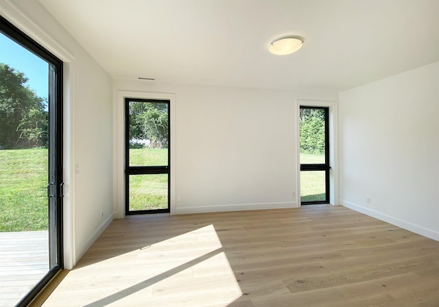 empty room with a healthy amount of sunlight and light hardwood / wood-style flooring