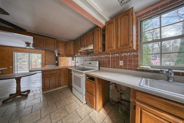 kitchen featuring sink, white electric stove, a wealth of natural light, and tasteful backsplash