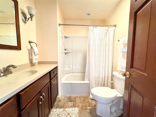 full bathroom featuring toilet, vanity, and shower / tub combo with curtain