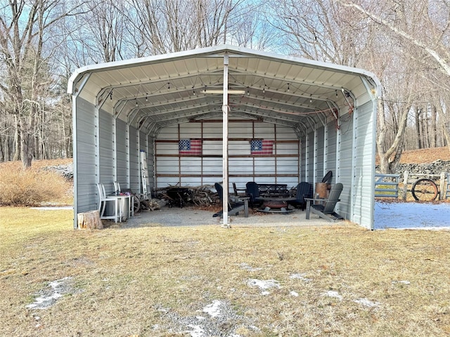 view of parking / parking lot with a carport and a lawn