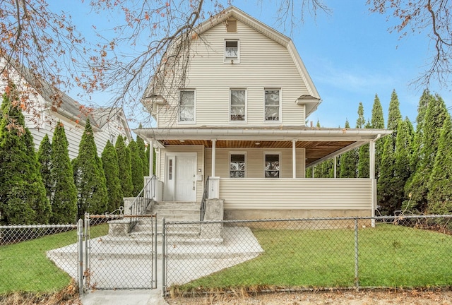 1116 Park Ave, Mamaroneck, NY 10543 - view of front of property featuring a gate, covered porch, a fenced front yard, and a gambrel roof