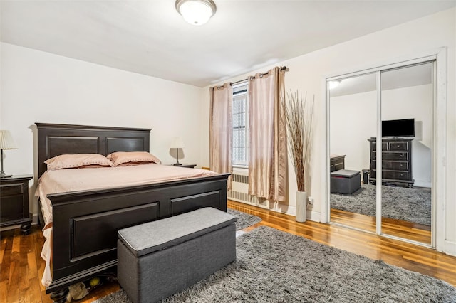 bedroom featuring dark hardwood / wood-style floors and a closet