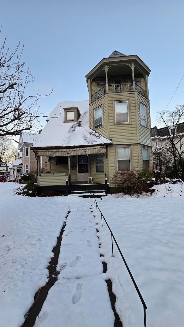 view of snow covered building