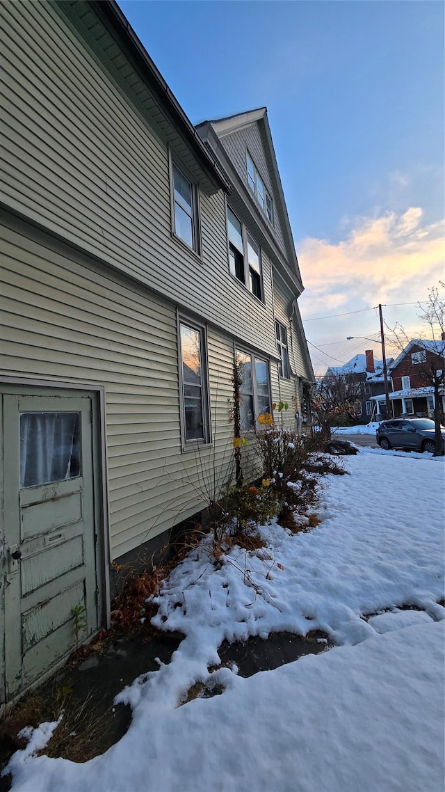 view of snow covered building