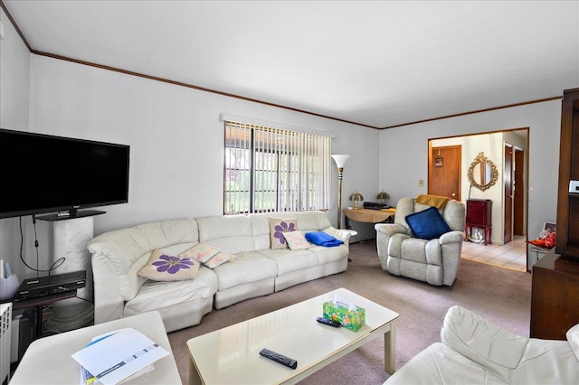 living room featuring light colored carpet and crown molding