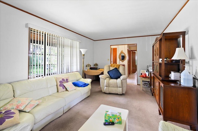 living room featuring light carpet and ornamental molding