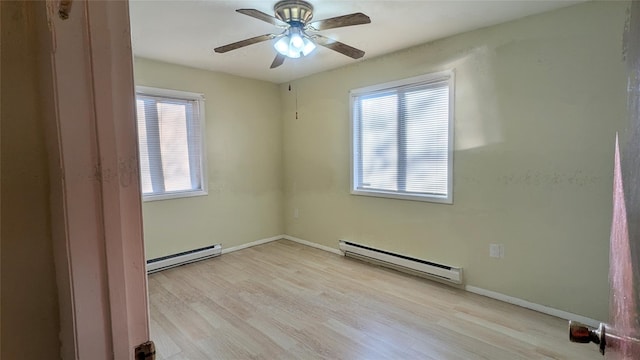 unfurnished room with light wood-type flooring, baseboard heating, and ceiling fan