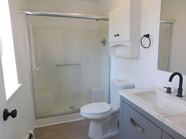 bathroom with wood-type flooring, vanity, toilet, and a shower with door