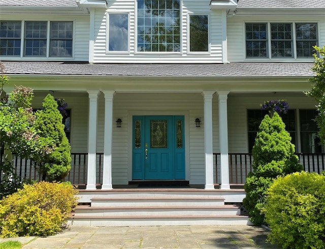 view of exterior entry featuring covered porch