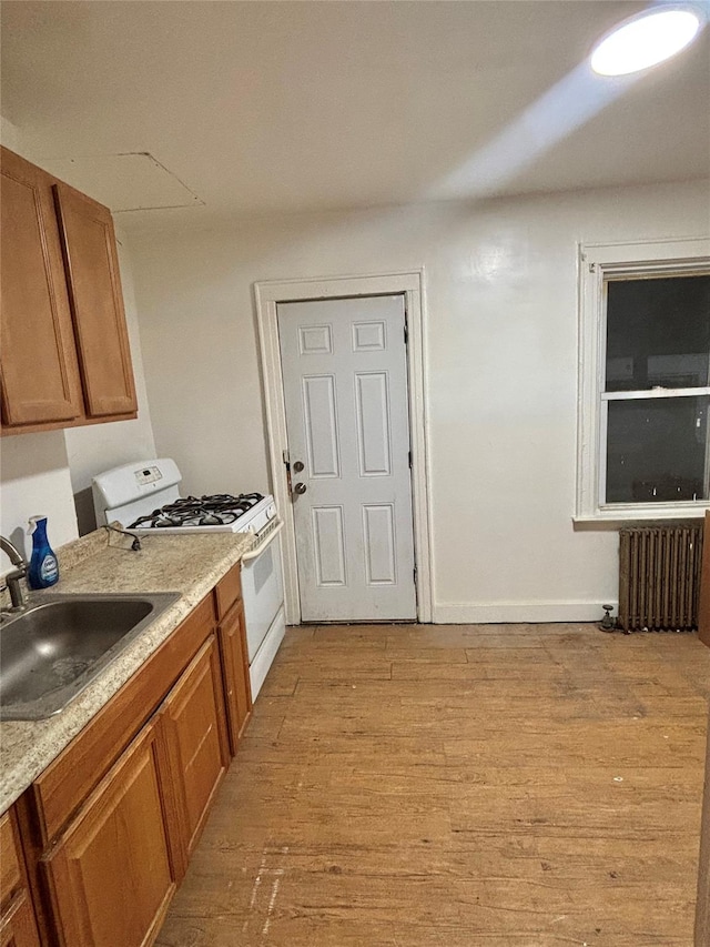 kitchen with light hardwood / wood-style floors, white gas range, radiator, and sink