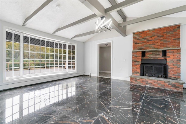 unfurnished living room featuring vaulted ceiling with beams, a baseboard radiator, a textured ceiling, and a brick fireplace