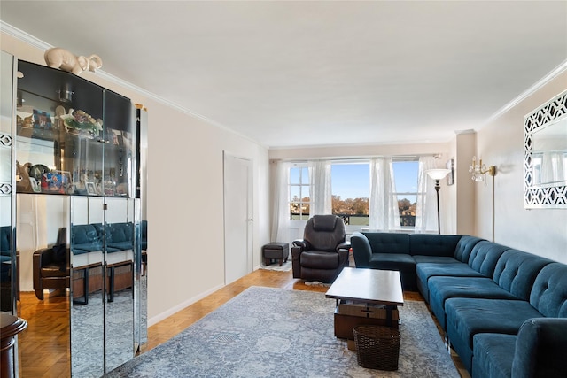 living room featuring parquet flooring and ornamental molding