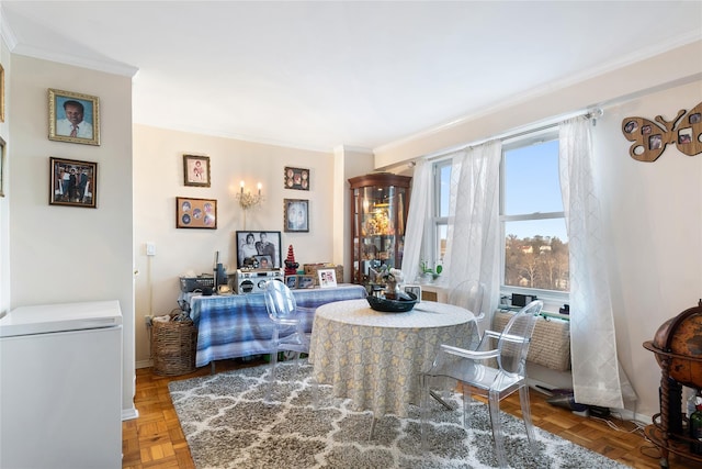 interior space featuring parquet flooring and ornamental molding