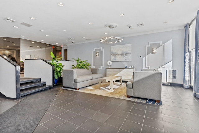 500 High Point Dr Unit 709, Hartsdale, NY 10530 - living room with tile patterned floors, ornamental molding, stairway, recessed lighting, and a chandelier