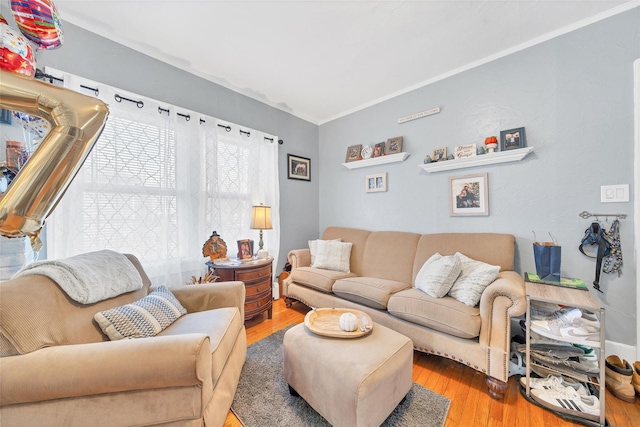 living room featuring hardwood / wood-style flooring and ornamental molding