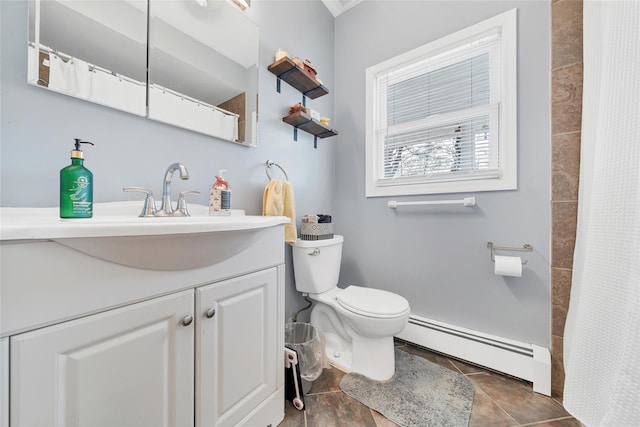 bathroom with vanity, baseboard heating, tile patterned flooring, toilet, and curtained shower