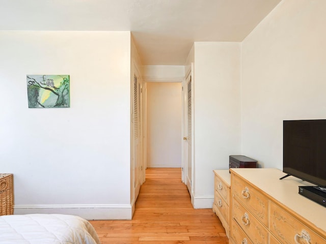 bedroom featuring light wood-type flooring and a closet