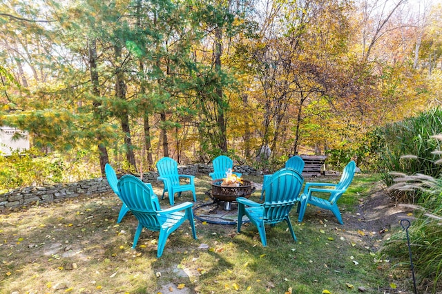 view of yard with a fire pit